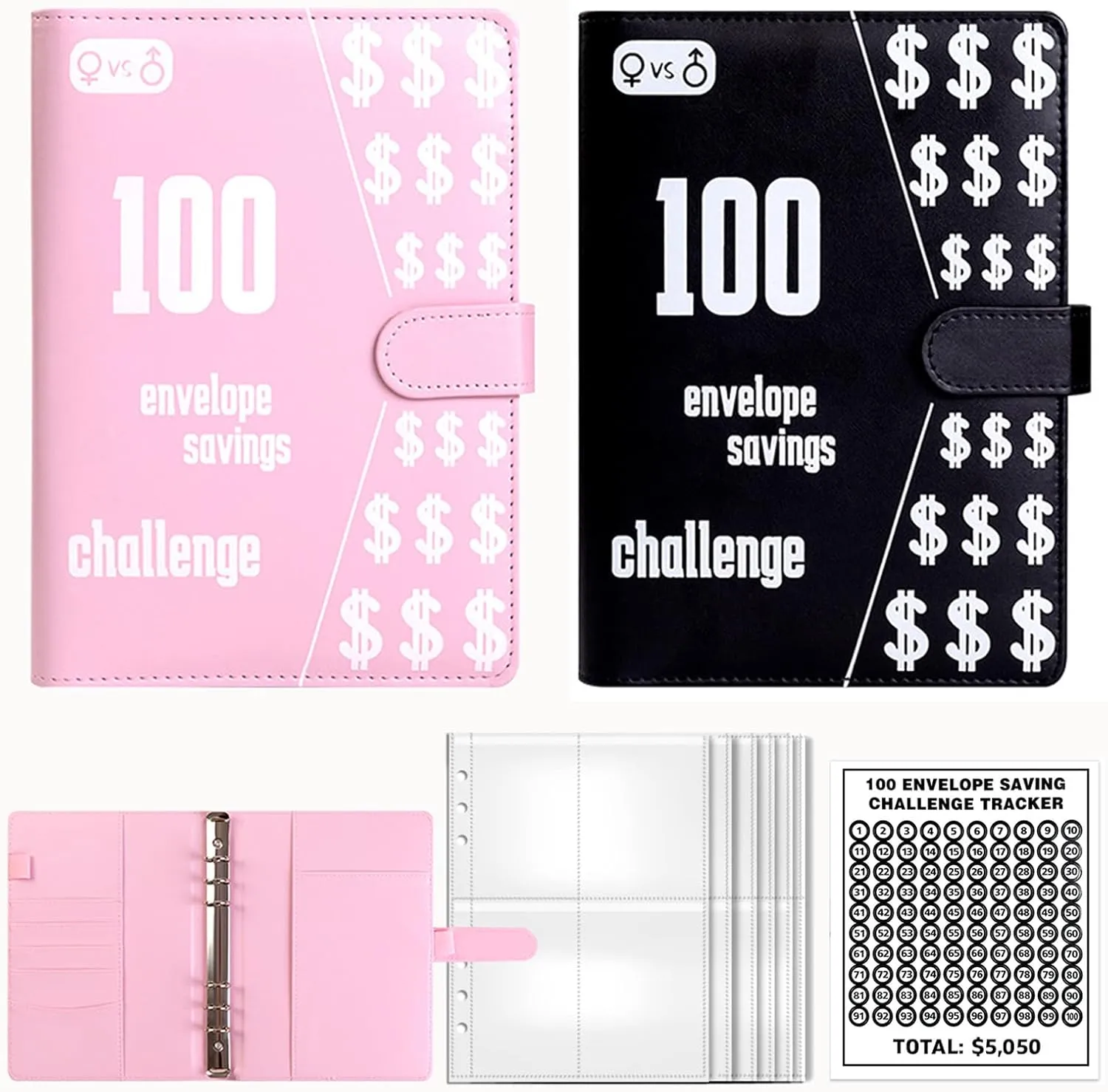 5000 Savings Challenge Book Money Binder with 100 Cash Envelopes Digital Tracker Financial Habit Builder System Leislite 5000 Savings Challenge Book 2PC Pink Black