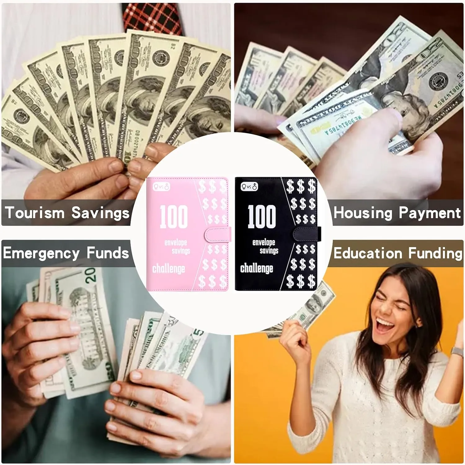 5000 Savings Challenge Book Money Binder with 100 Cash Envelopes Digital Tracker Financial Habit Builder System Leislite 5000 Savings Challenge Book 2PC Pink Black