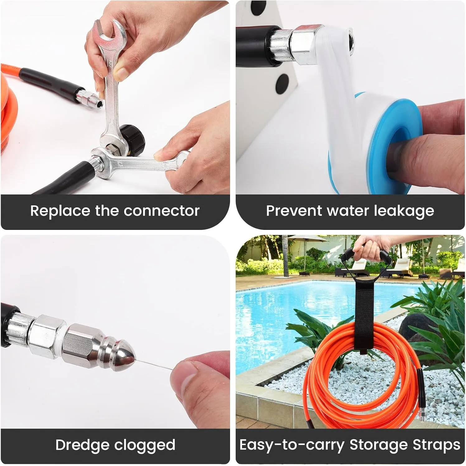 50FT Sewer Jetter Kit for Pressure Washer, 5800 PSI Water Jet Drain Cleaner Hose With Corner Rotating Button Nose Nozzle, 1/4 Inch NPT, Spanner Handle and Strap