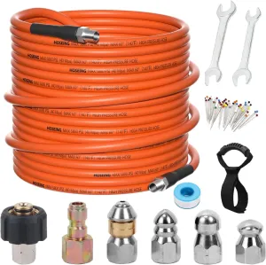 50FT Sewer Jetter Kit for Pressure Washer, 5800 PSI Water Jet Drain Cleaner Hose With Corner Rotating Button Nose Nozzle, 1/4 Inch NPT, Spanner Handle and Strap