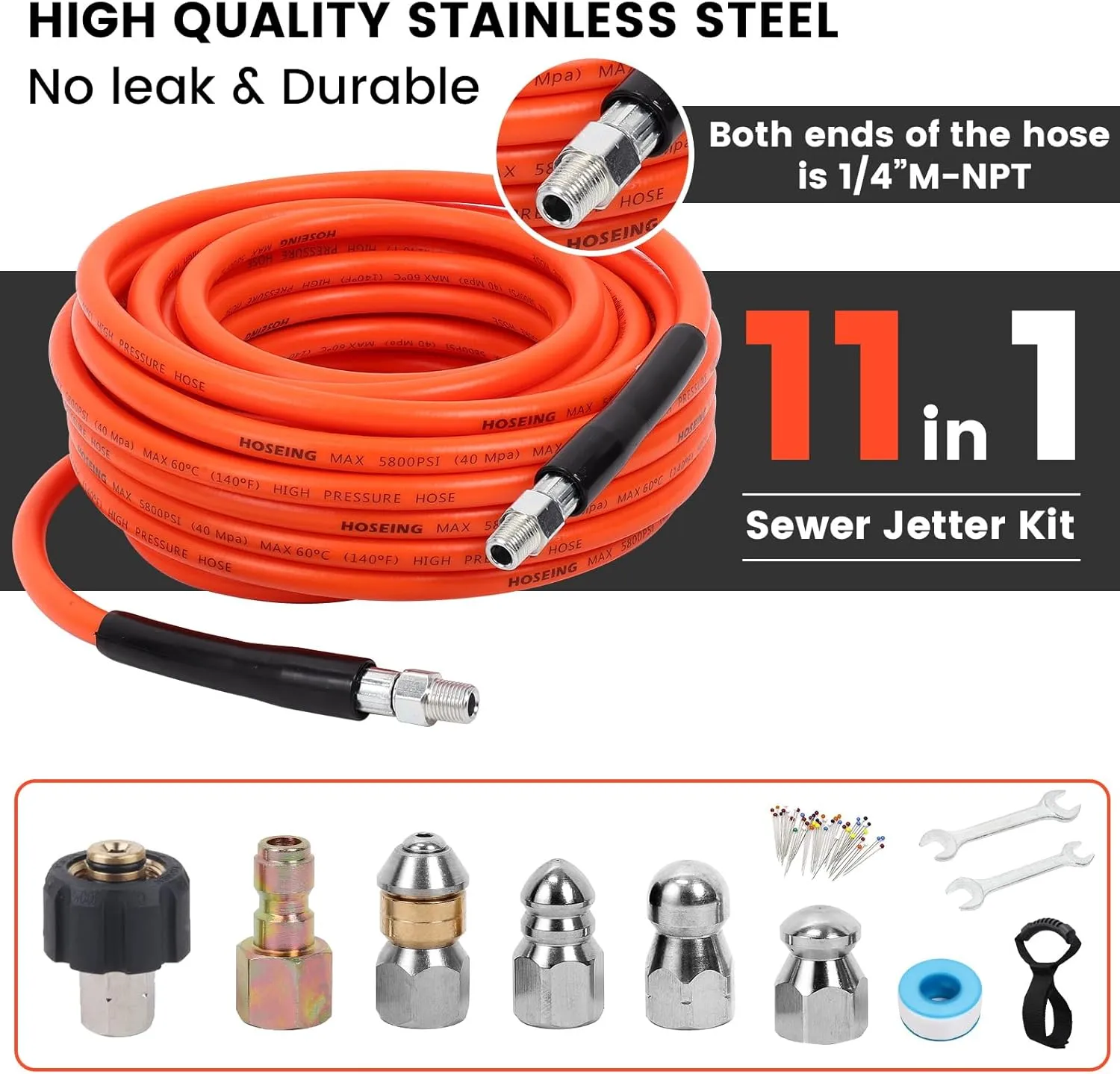 50FT Sewer Jetter Kit for Pressure Washer, 5800 PSI Water Jet Drain Cleaner Hose With Corner Rotating Button Nose Nozzle, 1/4 Inch NPT, Spanner Handle and Strap
