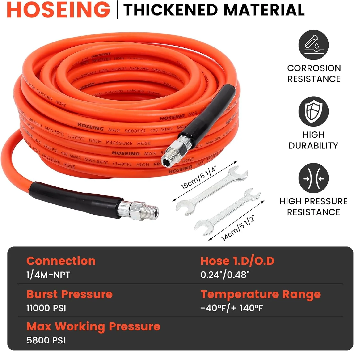 50FT Sewer Jetter Kit for Pressure Washer, 5800 PSI Water Jet Drain Cleaner Hose With Corner Rotating Button Nose Nozzle, 1/4 Inch NPT, Spanner Handle and Strap