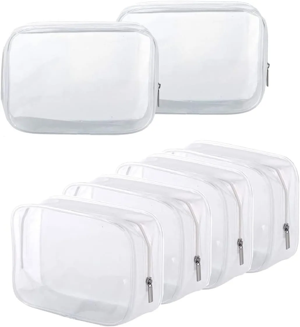6 Pack Clear Toiletry Carry Pouch with Zipper Portable Plastic Waterproof Cosmetic Bag TSA Approved for Vacation Travel Bathroom and Organizing (White, Large)