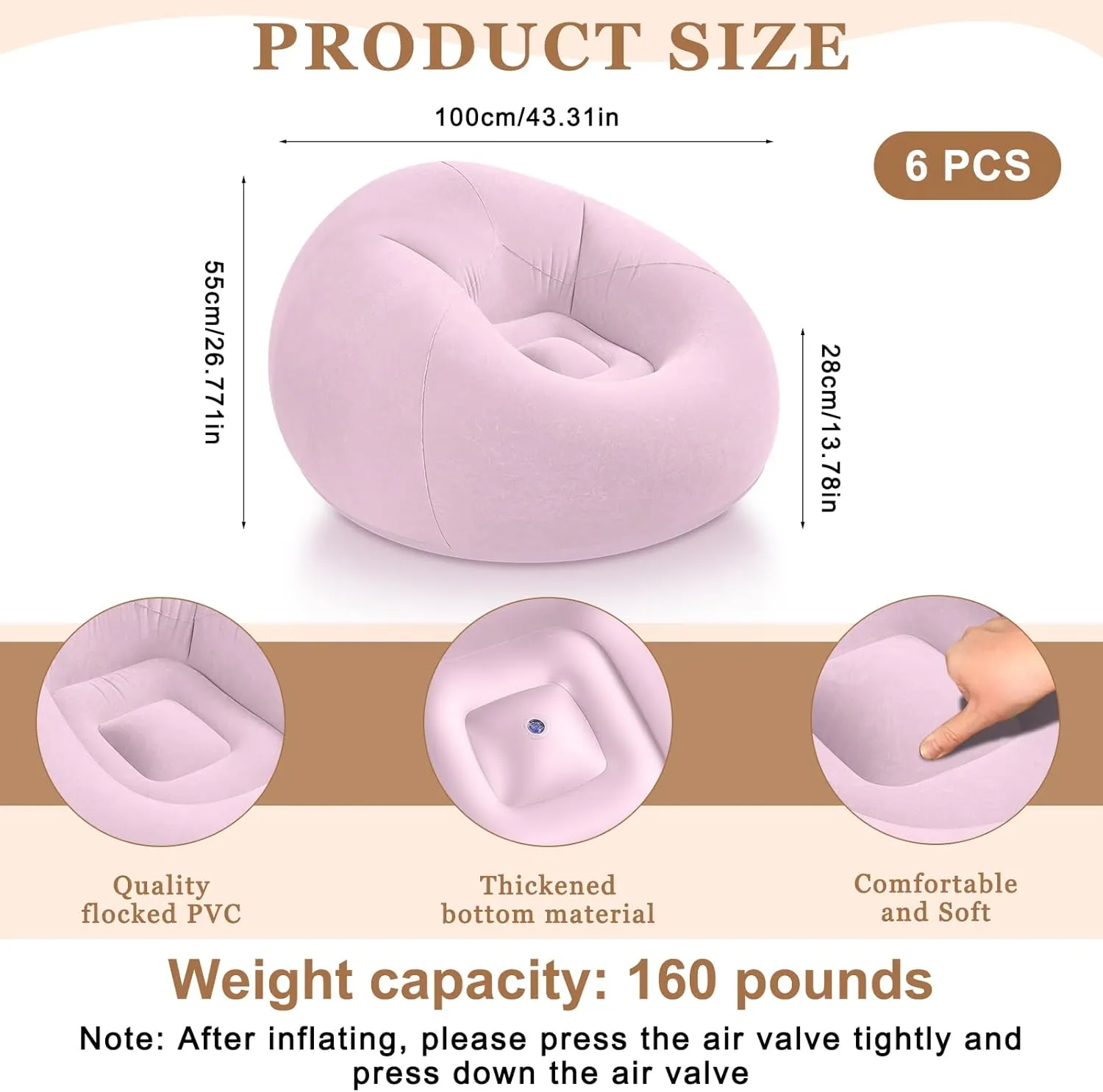 6 Pcs Bean Bag Chairs for Adults Inflatable Chairs with Electric Air Pump,Blow up Couch Folding Portable Inflatable Couch Lazy Sofa for Reading Living Room Camping (Pink)