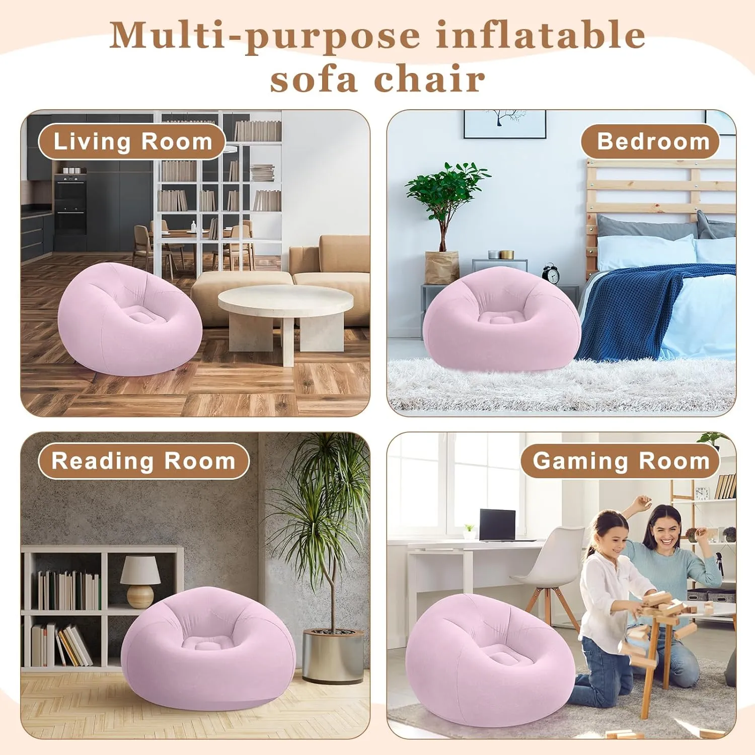 6 Pcs Bean Bag Chairs for Adults Inflatable Chairs with Electric Air Pump,Blow up Couch Folding Portable Inflatable Couch Lazy Sofa for Reading Living Room Camping (Pink)