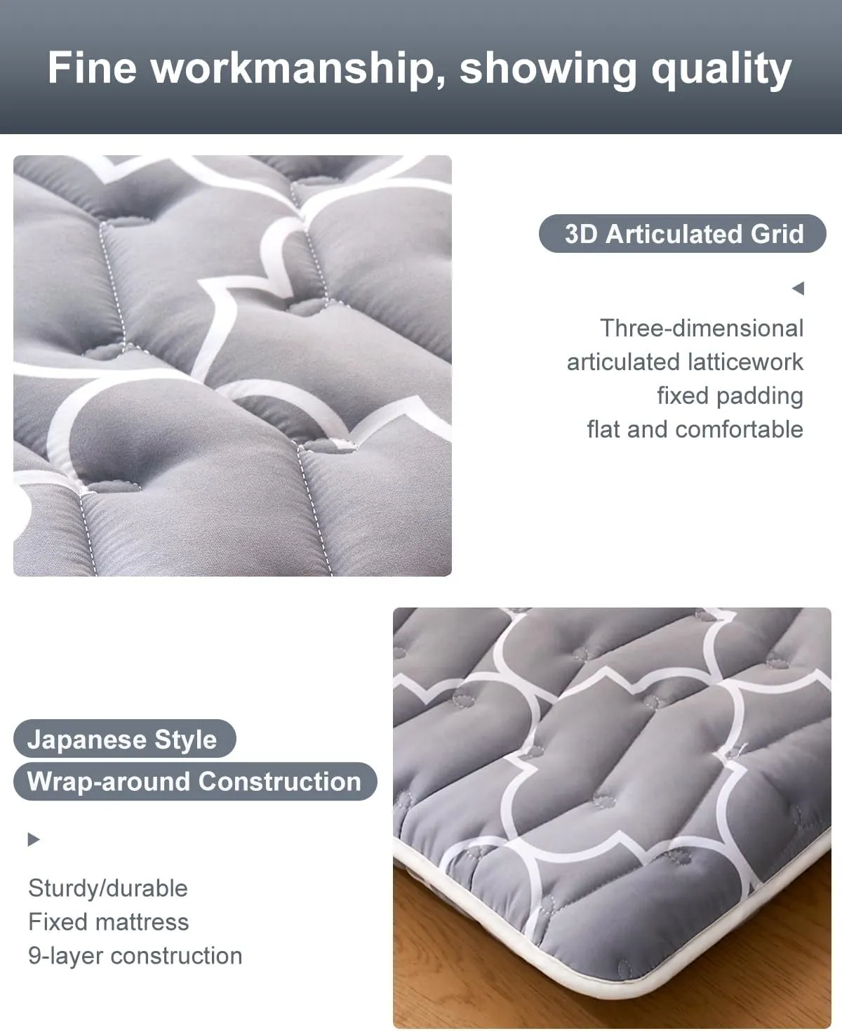 6th Generation Japanese Floor Futon Mattress - Extra-Thick 9-Layer Modern Futon with 100% High-Density Foam, Portable Floor Mattress Sleeping Pad for Adults, Guest Room, Dormitory, Full Size 80"x54"