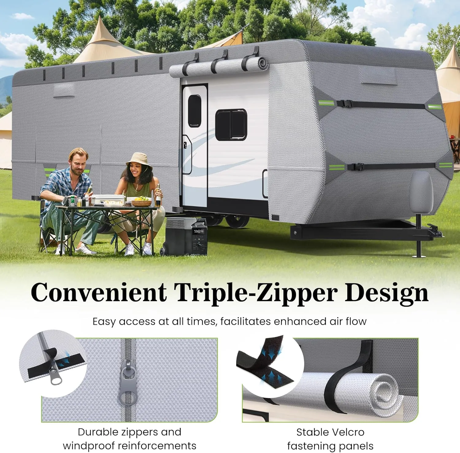 7-Layer Thickened RV Cover, 16-18ft Ultra Windproof & Tear Resistant Travel Trailer Cover, All-Weather Camper Cover with 6 Vents & Breathable Design, 5 2 Reinforced Straps and Complete Kit