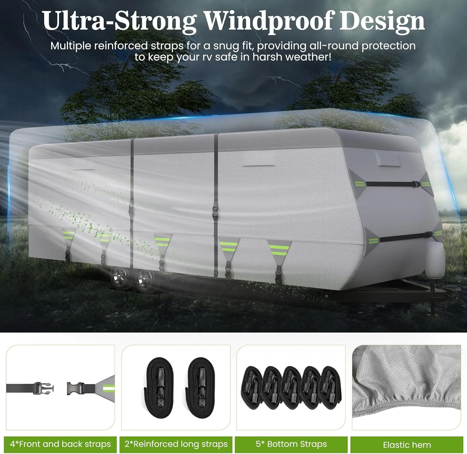 7-Layer Thickened RV Cover, 16-18ft Ultra Windproof & Tear Resistant Travel Trailer Cover, All-Weather Camper Cover with 6 Vents & Breathable Design, 5 2 Reinforced Straps and Complete Kit