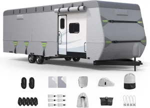 7-Layer Thickened RV Cover, 16-18ft Ultra Windproof & Tear Resistant Travel Trailer Cover, All-Weather Camper Cover with 6 Vents & Breathable Design, 5 2 Reinforced Straps and Complete Kit