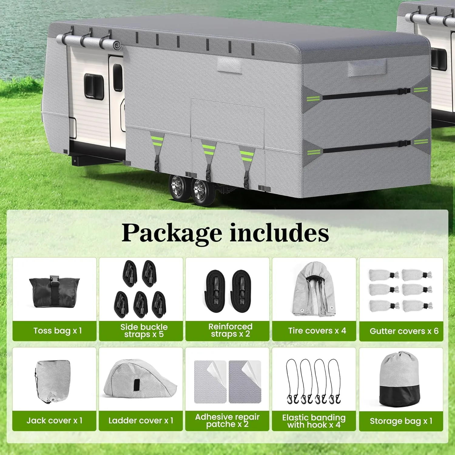 7-Layer Thickened RV Cover, 16-18ft Ultra Windproof & Tear Resistant Travel Trailer Cover, All-Weather Camper Cover with 6 Vents & Breathable Design, 5 2 Reinforced Straps and Complete Kit