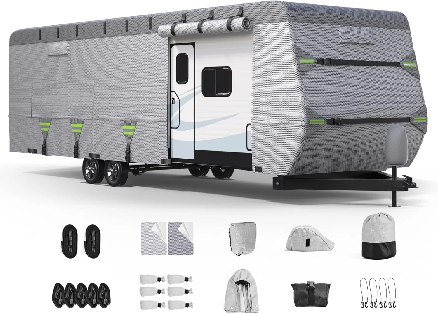 7-Layer Thickened RV Cover, 16-18ft Ultra Windproof & Tear Resistant Travel Trailer Cover, All-Weather Camper Cover with 6 Vents & Breathable Design, 5 2 Reinforced Straps and Complete Kit