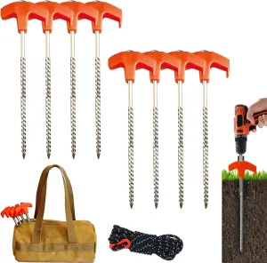 8 Pack 8" Screw in Tent Stakes - Ground Anchors Screw in, Screw in Tent Stakes Heavy Duty, Metal Threaded Tent Spikes, Tent Stakes for Outdoor Camping (8)