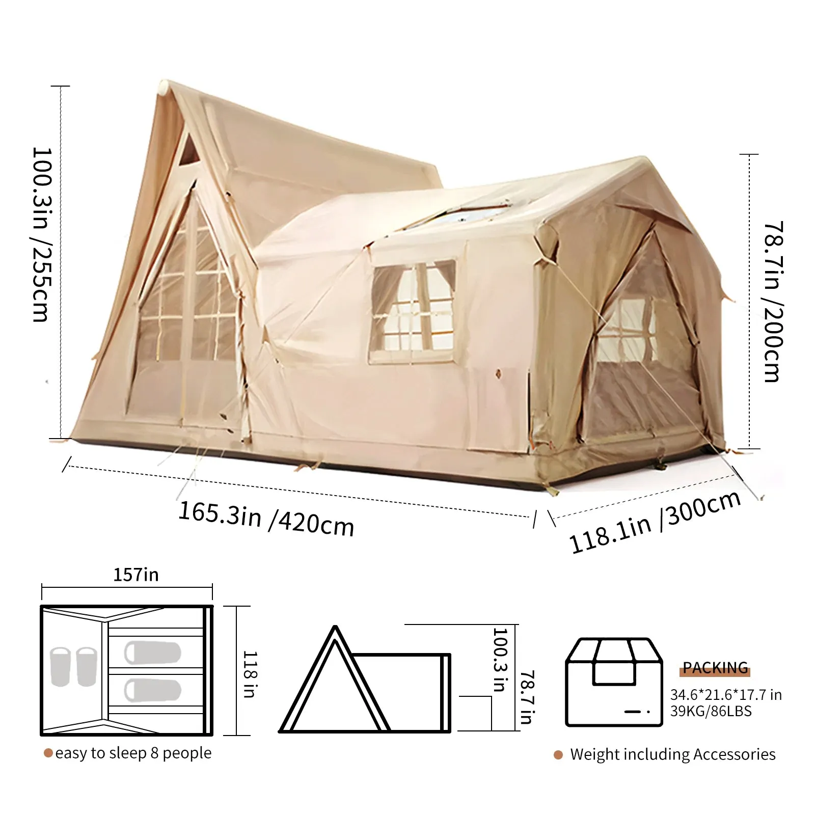 8 Person 4 Season Inflatable Glamping Tent with Skylight