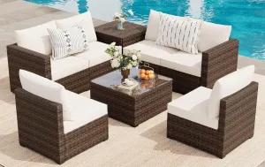 8 Piece Patio Furniture Set, Rattan Outdoor Sectional Sofa Couch with Coffee Table and Comfy Cushions, Modern Conversation Set, Beige (Waterproof Cover Included)