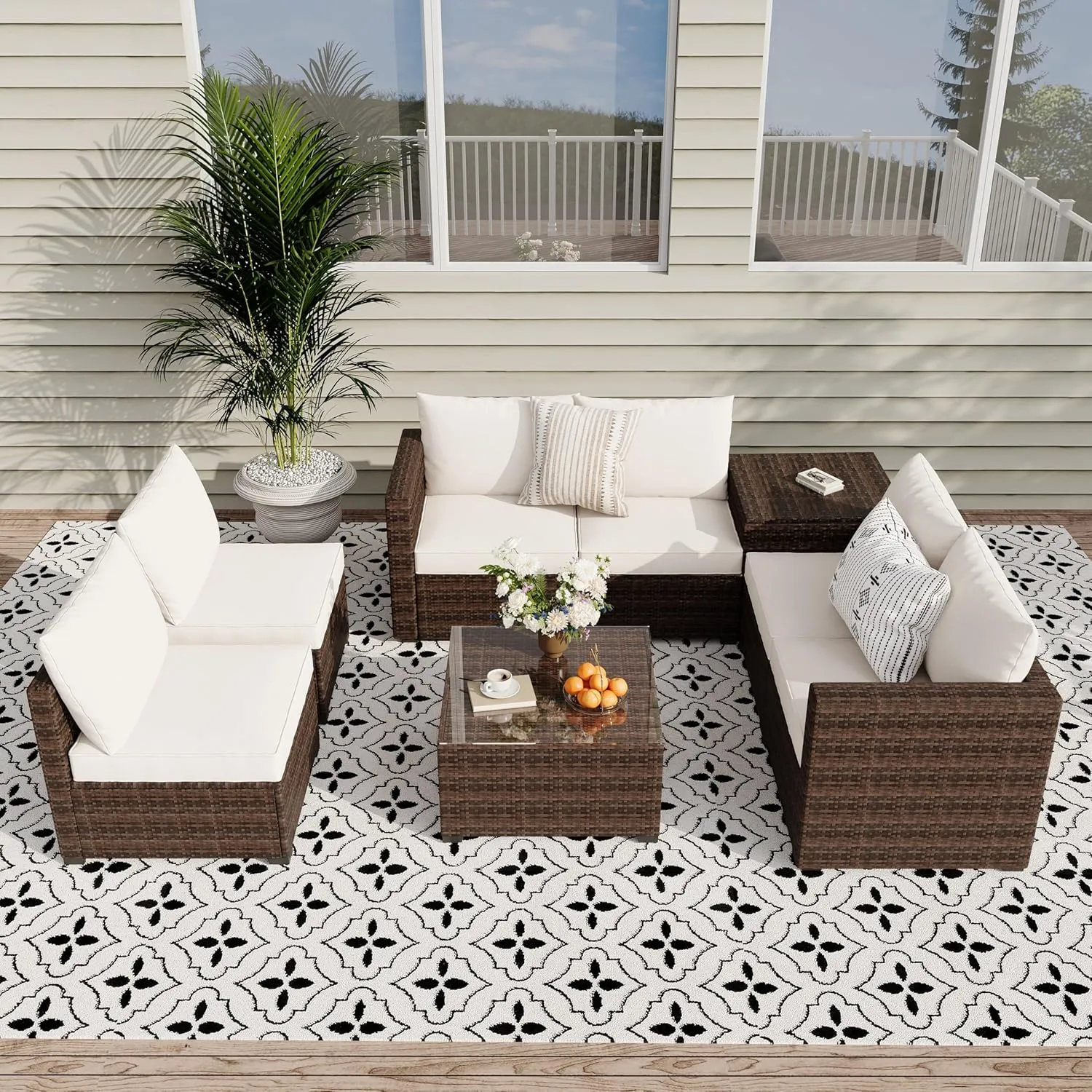 8 Piece Patio Furniture Set, Rattan Outdoor Sectional Sofa Couch with Coffee Table and Comfy Cushions, Modern Conversation Set, Beige (Waterproof Cover Included)