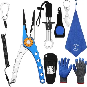 8 Pieces Fishing Tools Kit Fish Hook Remover Set Include Fishing Pliers Lip Gripper Multifunction Scissors Gloves Towel Keychain Hook for Men Women Gifts