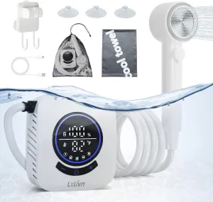 8000mAh Portable Shower,Rechargeable Camping Shower with Intelligent Led display,IPX8 Waterproof,5-Speeds Control,4 Spray Modes, Outdoor Shower for Camping，Car,Pet,Garden with Cooling Towel Set