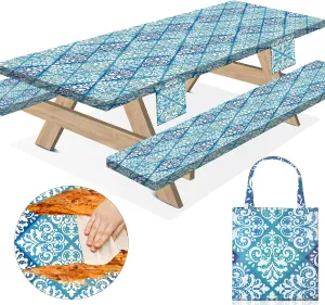 8Ft Picnic Table Cover with Bench Covers 96×30 Inches Fitted Outdoors Stain Resistant Camp Tableclothes Glamping Furniture Essentials for Tent Rv Camper Camping Organizers Gifts Blue Boho