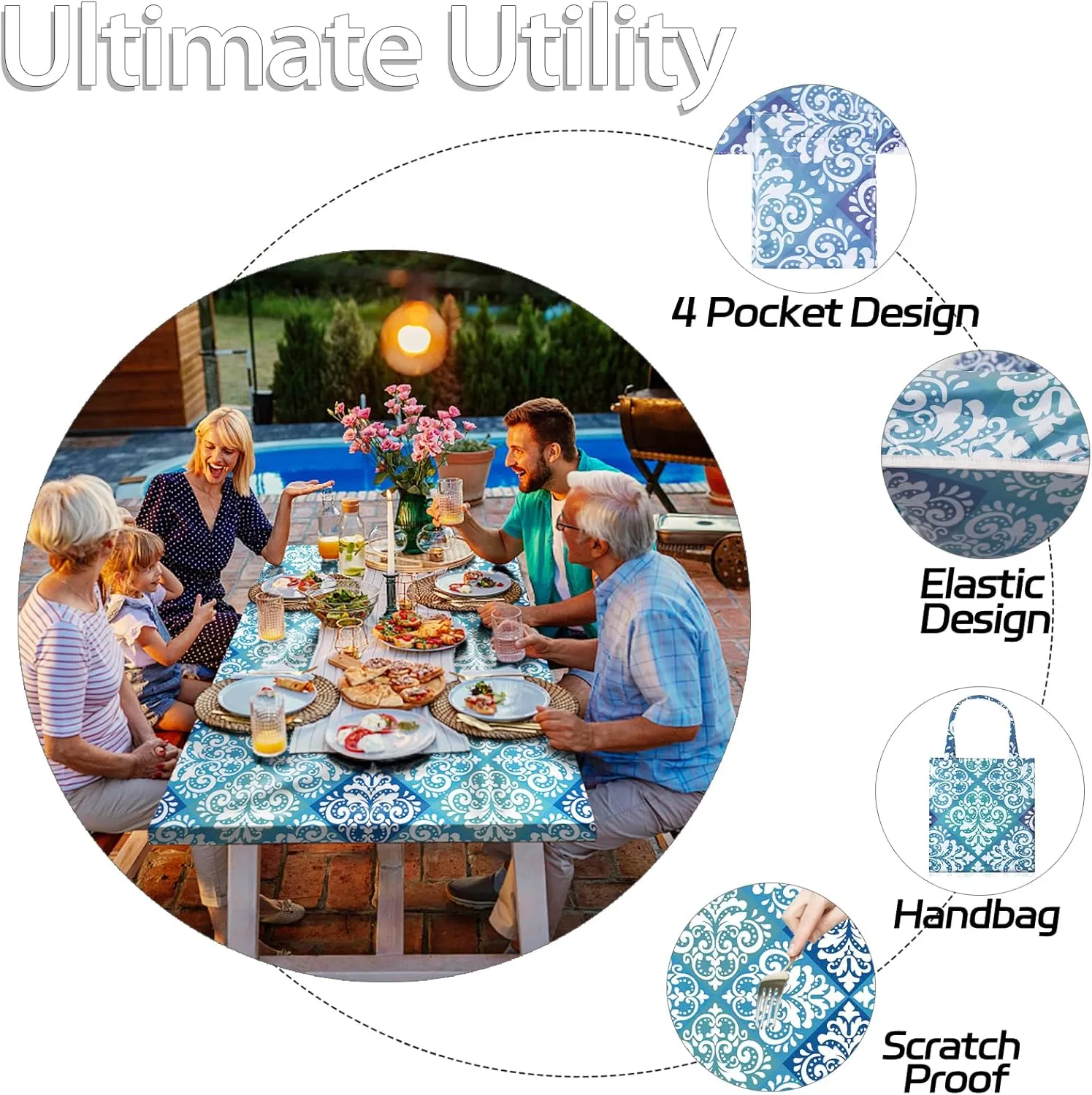8Ft Picnic Table Cover with Bench Covers 96×30 Inches Fitted Outdoors Stain Resistant Camp Tableclothes Glamping Furniture Essentials for Tent Rv Camper Camping Organizers Gifts Blue Boho