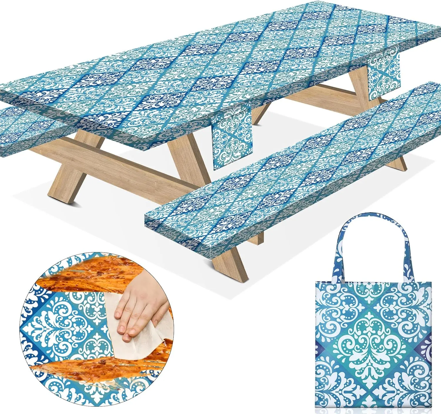 8Ft Picnic Table Cover with Bench Covers 96×30 Inches Fitted Outdoors Stain Resistant Camp Tableclothes Glamping Furniture Essentials for Tent Rv Camper Camping Organizers Gifts Blue Boho
