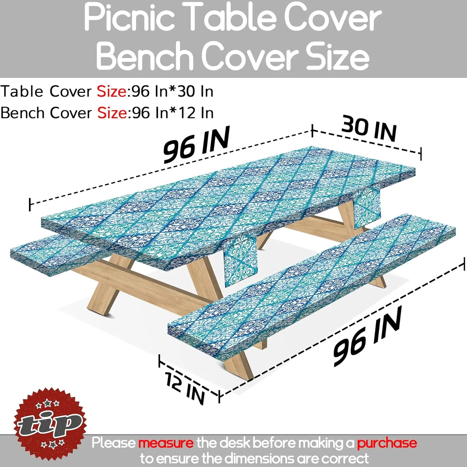 8Ft Picnic Table Cover with Bench Covers 96×30 Inches Fitted Outdoors Stain Resistant Camp Tableclothes Glamping Furniture Essentials for Tent Rv Camper Camping Organizers Gifts Blue Boho