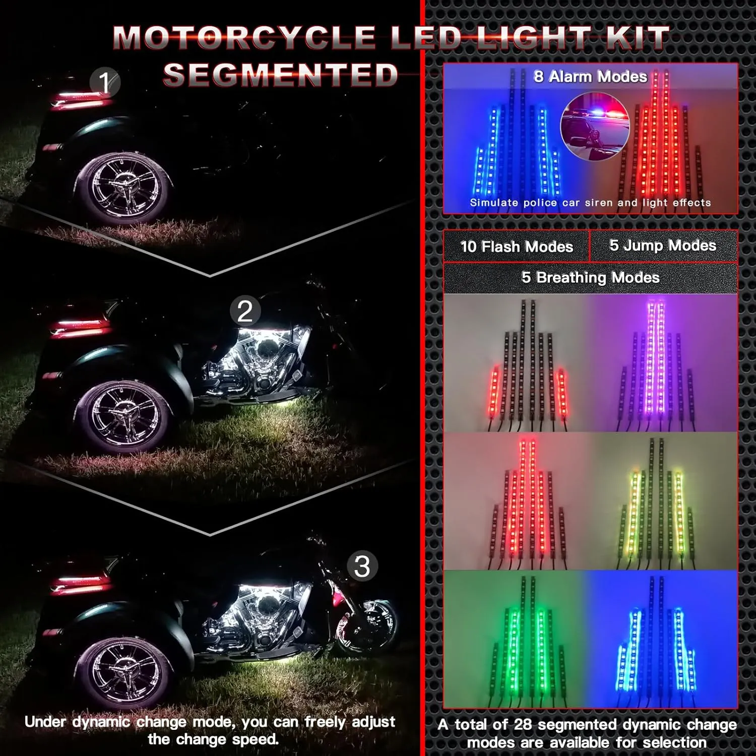 8PCS Segmented Motorcycle LED Lights Kit with Brake Lights Turn Signal, Motorcycle LED Underglow kit with APP/RF Remote,RGB Neon Strips Multicolor 12v Waterproof for Harley Honda Kawasaki