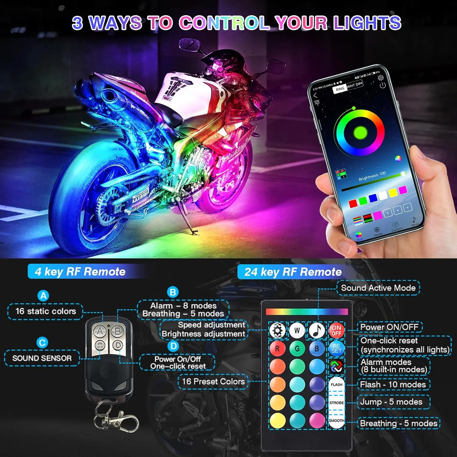 8PCS Segmented Motorcycle LED Lights Kit with Brake Lights Turn Signal, Motorcycle LED Underglow kit with APP/RF Remote,RGB Neon Strips Multicolor 12v Waterproof for Harley Honda Kawasaki