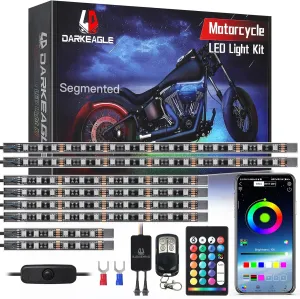 8PCS Segmented Motorcycle LED Lights Kit with Brake Lights Turn Signal, Motorcycle LED Underglow kit with APP/RF Remote,RGB Neon Strips Multicolor 12v Waterproof for Harley Honda Kawasaki