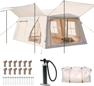 ABORON 8-10 Person Inflatable Camping Tent, Easy Setup Blow Up Air Tent with Hand Pump, PU3000mm Waterproof 4-Season Glamping Tent with 2 Rooms, 4 Large Mesh Windows and Oversized Awning
