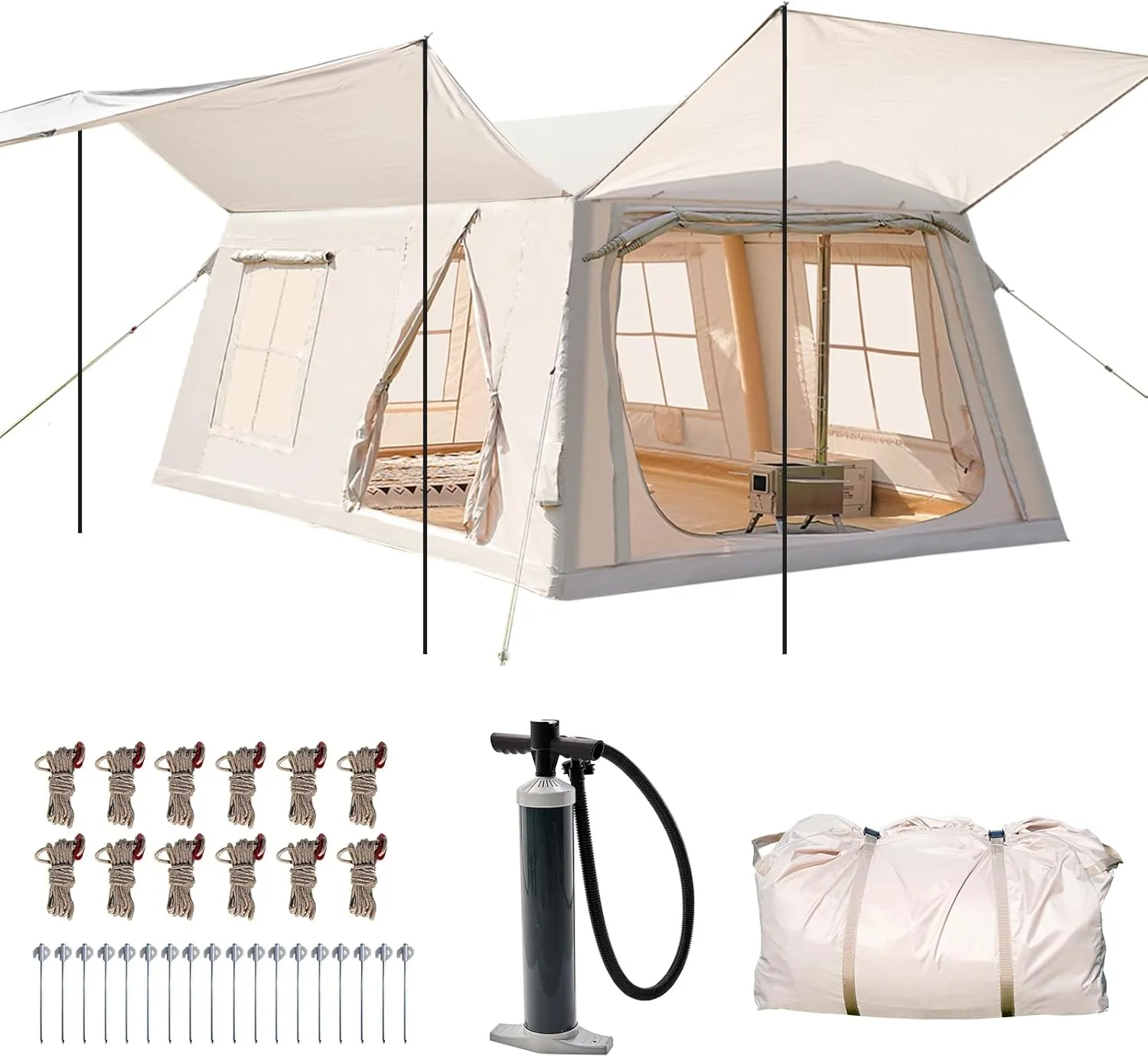 ABORON 8-10 Person Inflatable Camping Tent, Easy Setup Blow Up Air Tent with Hand Pump, PU3000mm Waterproof 4-Season Glamping Tent with 2 Rooms, 4 Large Mesh Windows and Oversized Awning