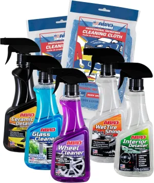 ABRO Professional Grade Car Detailing Kit, Includes Streak Free Glass Cleaner, Wheel Cleaner, 2 Mircofiber Cleaning Towels, Interior & Exterior Wash