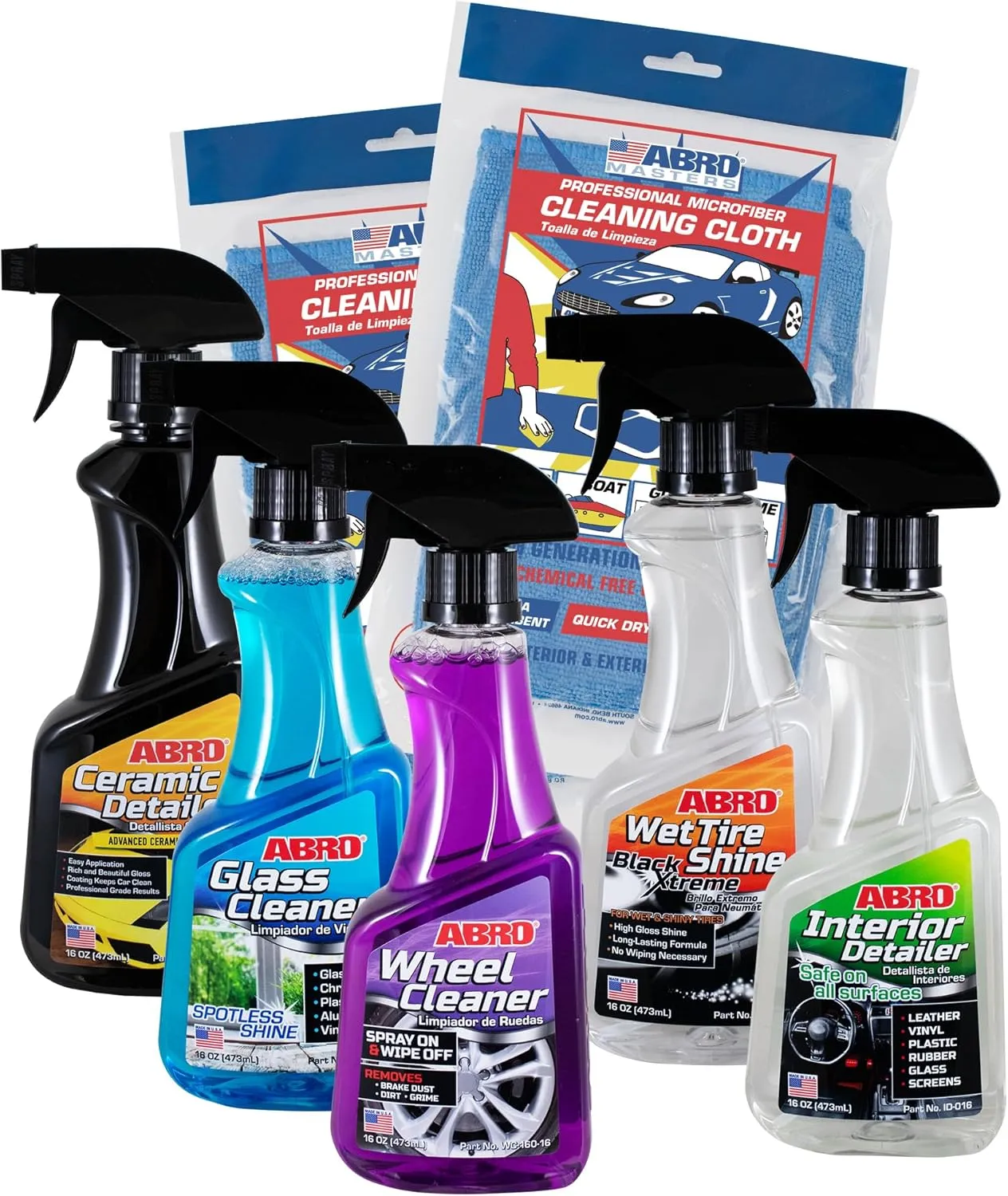 ABRO Professional Grade Car Detailing Kit, Includes Streak Free Glass Cleaner, Wheel Cleaner, 2 Mircofiber Cleaning Towels, Interior & Exterior Wash