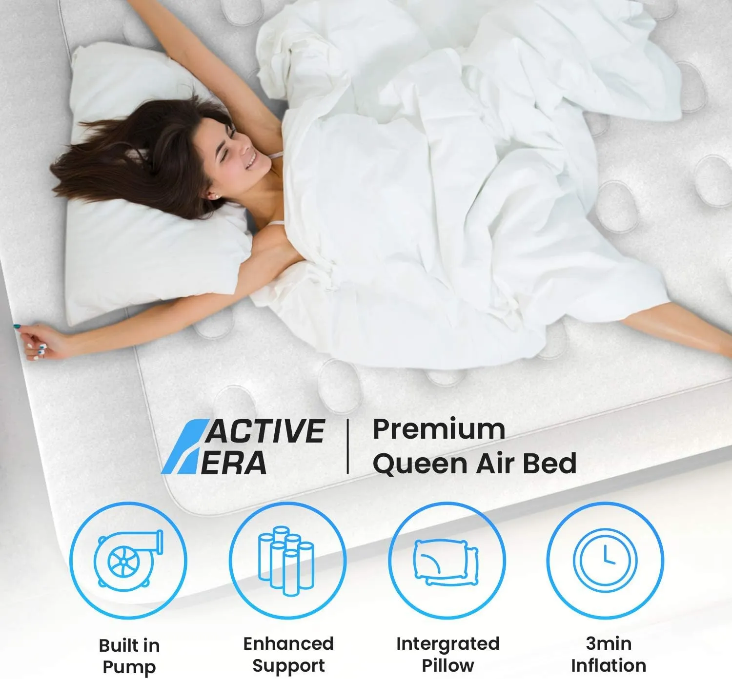 Active Era Premium 20" Queen Air Mattress with Built in Pump, Raised Pillow, Puncture Resistant Waterproof Soft Top, Elevated Inflatable Bed for Guests Queen Size Blow Up Mattress, Quick Electric Pump