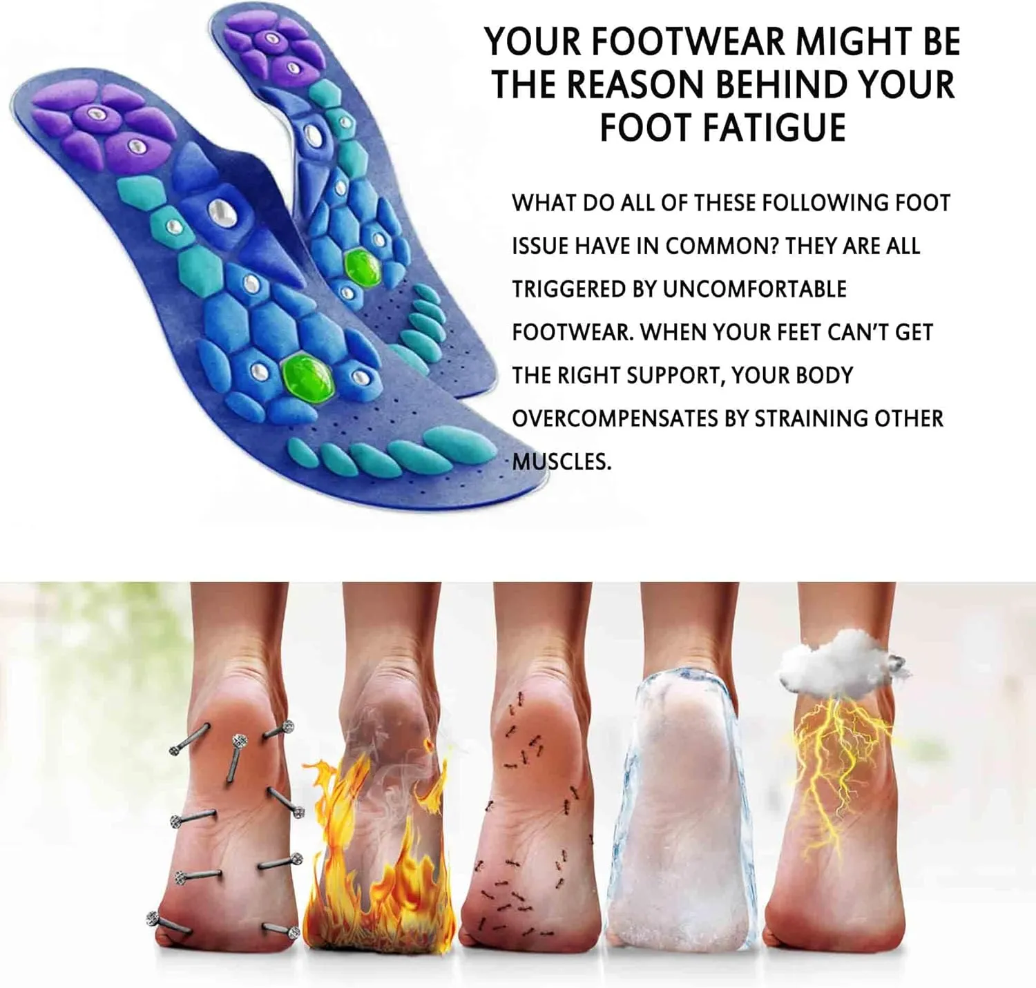 Acupressure Insoles, Bogomo Magnetic Acupressure Insoles for Women and Men, Acupressure Orthopedic Insoles for Comfort and Support Pain Relief Foot Massage (Blue, Large)