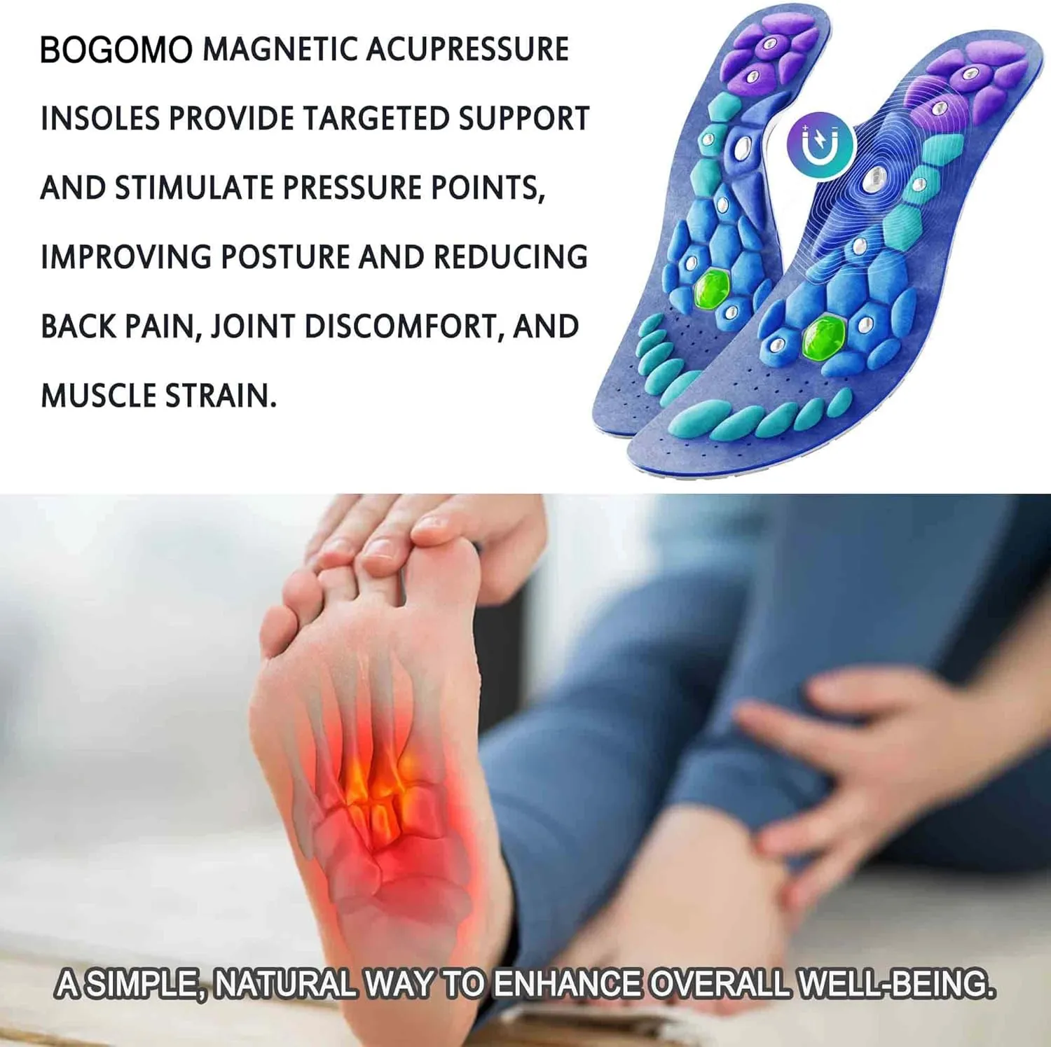 Acupressure Insoles, Bogomo Magnetic Acupressure Insoles for Women and Men, Acupressure Orthopedic Insoles for Comfort and Support Pain Relief Foot Massage (Blue, Large)