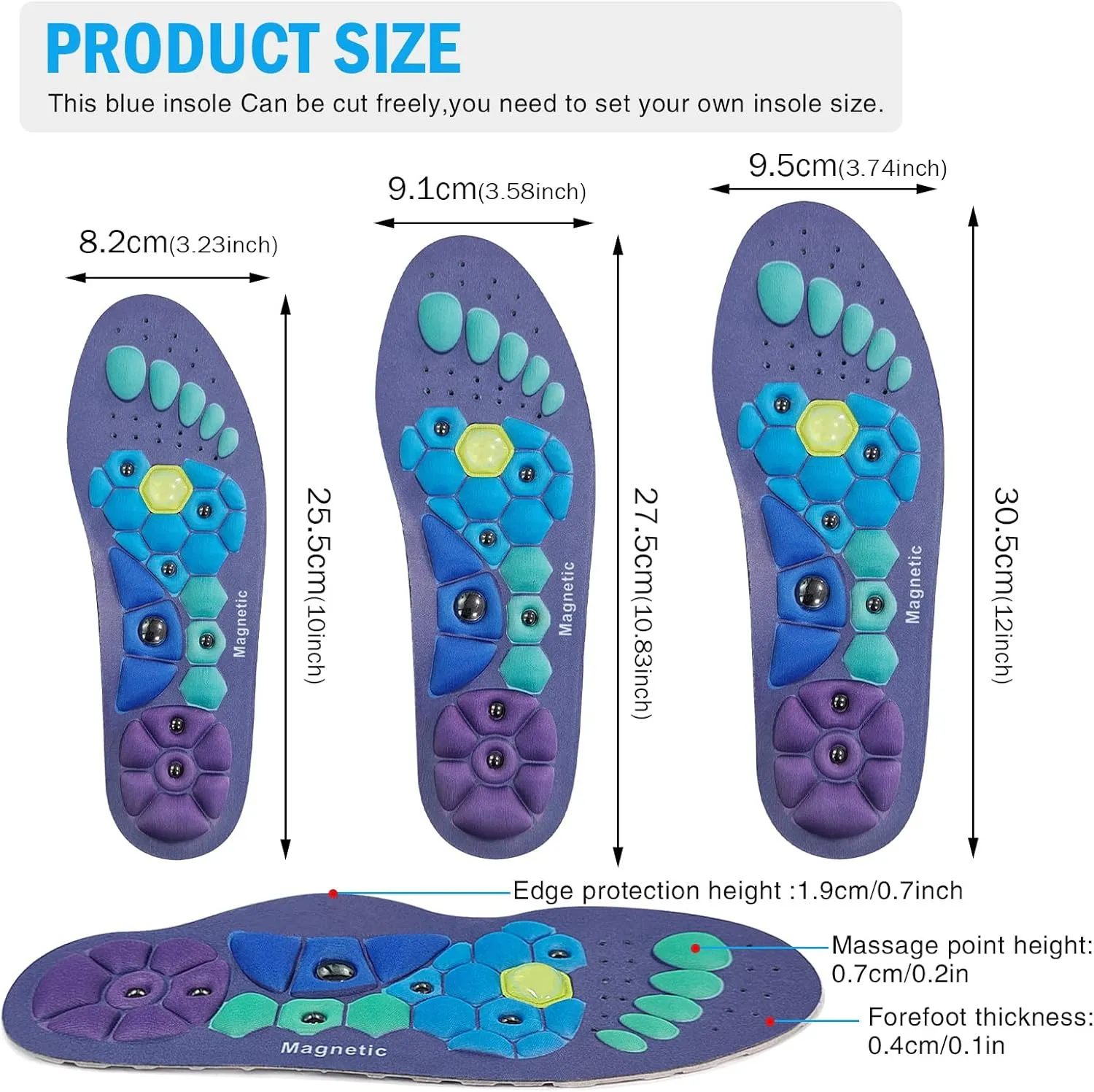 Acupressure Insoles for Men and Women, Helps Promote Blood Circulation and Relieve Fatigue Orthopedic Acupoint Massage Insoles (Blue, S-US 4-7)