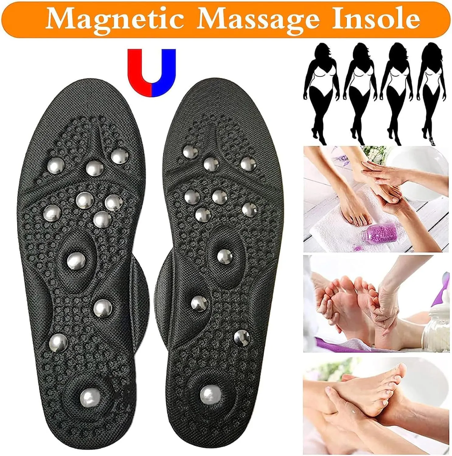 Acupressure Magnetic Massage Insoles, Magnetic Therapy Slimming Insoles for Weight Loss, Reflexology Pain Relief Shoe Insoles Promote Blood Circulation, Relieve Fatigue,S