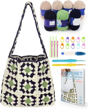 Aeelike Crochet Kit for Beginners, Granny Squares Crochet Bag Kit with Soft Crochet Yarns Detailed Instruction, Complete Crochet Starter Kit for Crochet Bag, Easy to Learn Yarn Kit