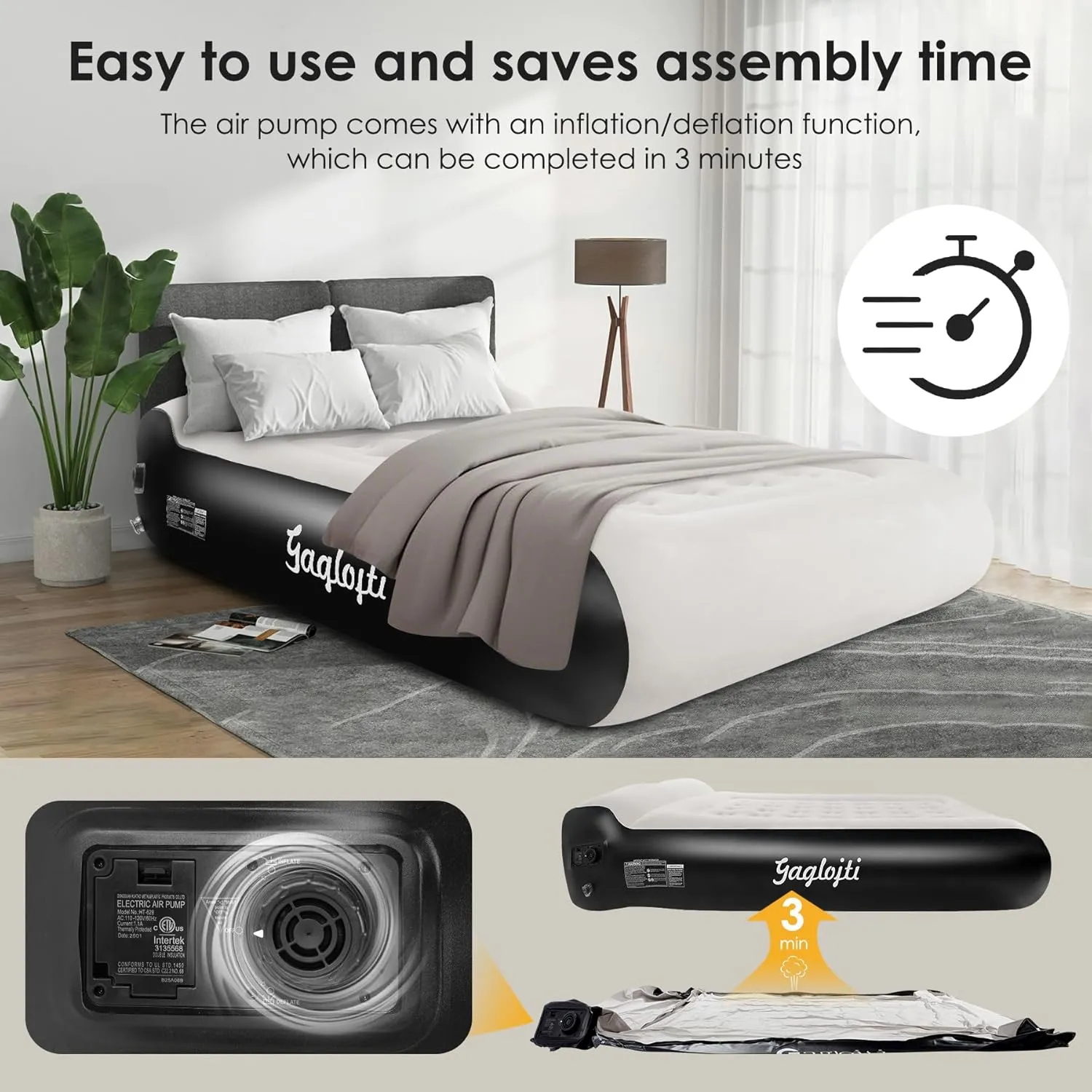 Air Mattress Queen with Built in Pump 16"Air Mattress with 28 Vertical Air Columns 660lbs Max Self Inflatable Blow Up Mattress in 3Mins Flocked Airbed with Carry Bag for Travel, Camping&Home