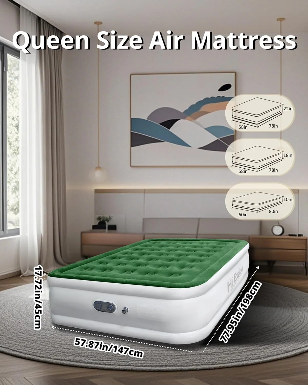 Air Mattress Queen with Built in Pump Raised, with Comfort Plush, Inflatable Blow Up Mattress, Portable Air Bed for Home, Guests, Camping,(Green, 18” Height)