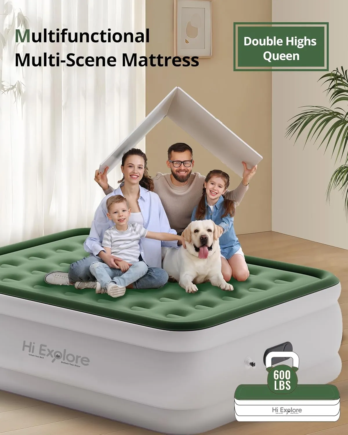 Air Mattress Queen with Built in Pump Raised, with Comfort Plush, Inflatable Blow Up Mattress, Portable Air Bed for Home, Guests, Camping,(Green, 18” Height)