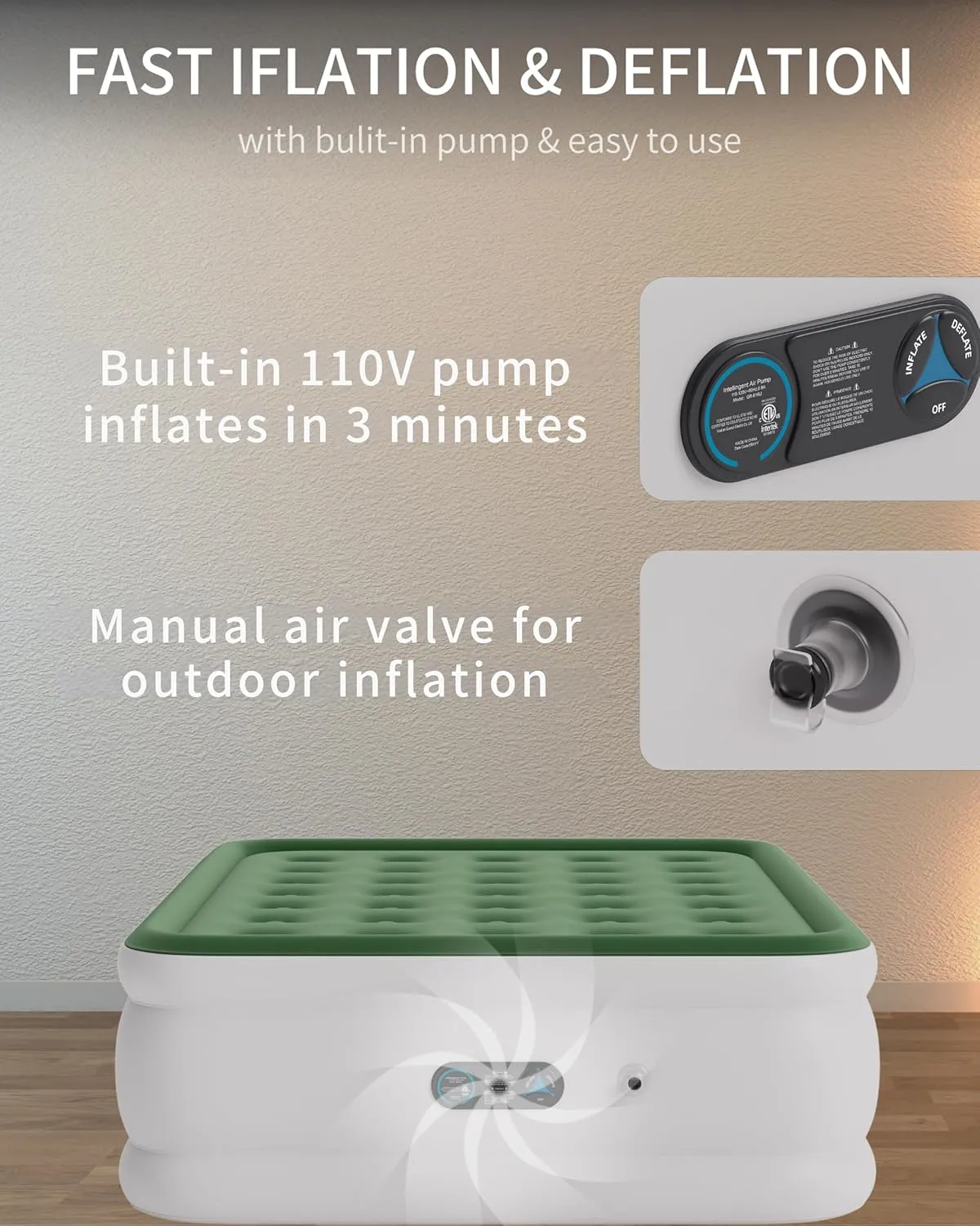 Air Mattress Queen with Built in Pump Raised, with Comfort Plush, Inflatable Blow Up Mattress, Portable Air Bed for Home, Guests, Camping,(Green, 18” Height)