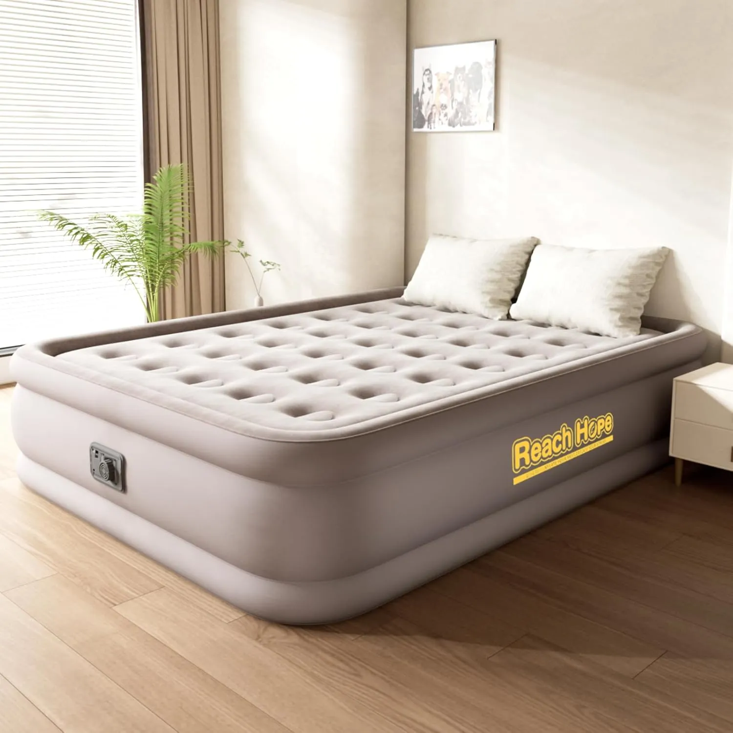Air Mattress Queen with Built in Pump, Self-Inflatable Queen Size Air Mattress, Blow Up Double Bed with Storage Bag, Colchones Inflables Air Bed for Indoor & Outdoor.(18" Queen, Khaki)