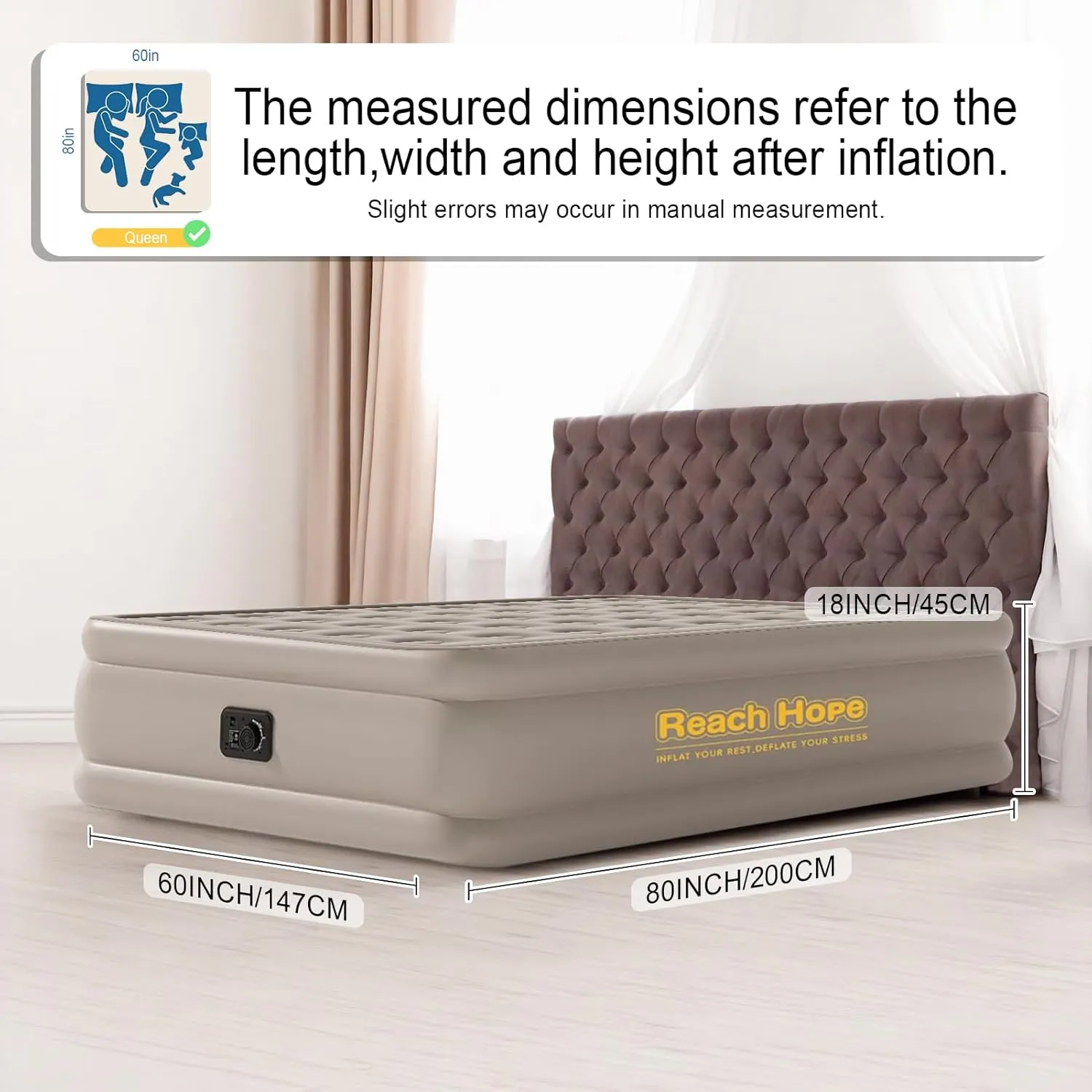 Air Mattress Queen with Built in Pump, Self-Inflatable Queen Size Air Mattress, Blow Up Double Bed with Storage Bag, Colchones Inflables Air Bed for Indoor & Outdoor.(18" Queen, Khaki)