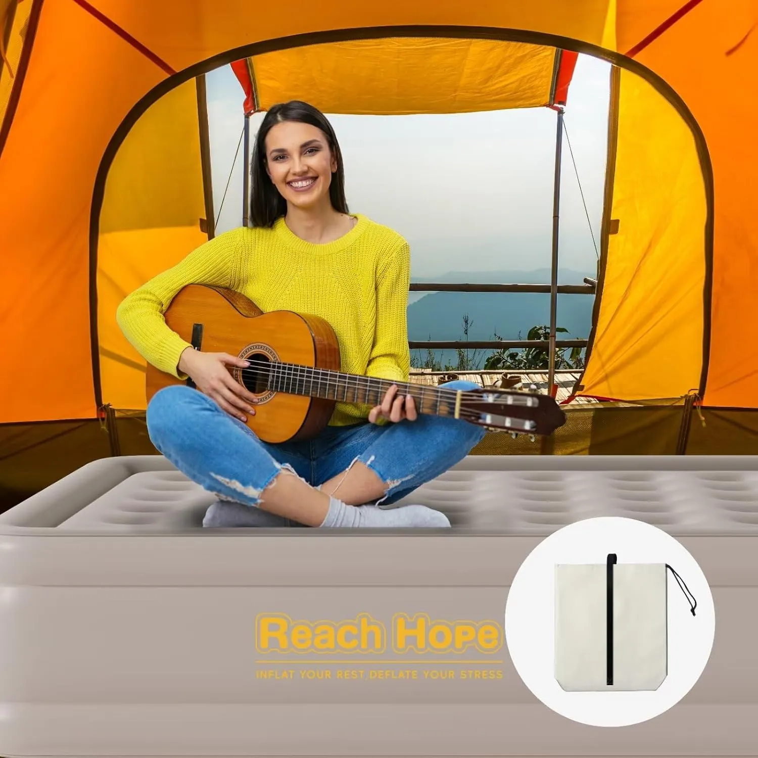 Air Mattress Queen with Built in Pump, Self-Inflatable Queen Size Air Mattress, Blow Up Double Bed with Storage Bag, Colchones Inflables Air Bed for Indoor & Outdoor.(18" Queen, Khaki)