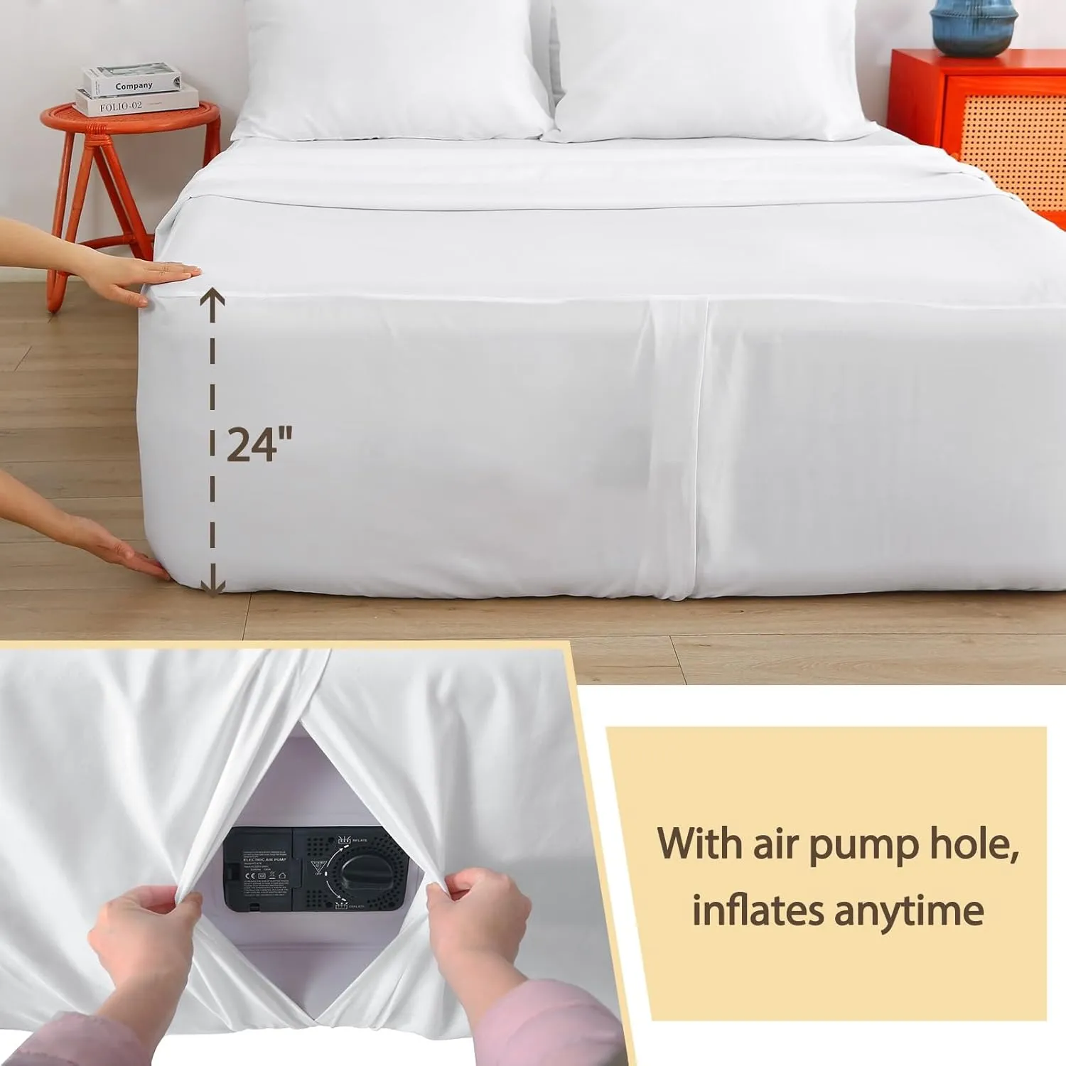 Air Mattress Sheet Set Queen Size,6 Piece Deep Pocket Bed Sheet Set for 16-24 Inch Air Bed,Easy Inflate Access,Perfect for Guest Room, RV, Camping,White