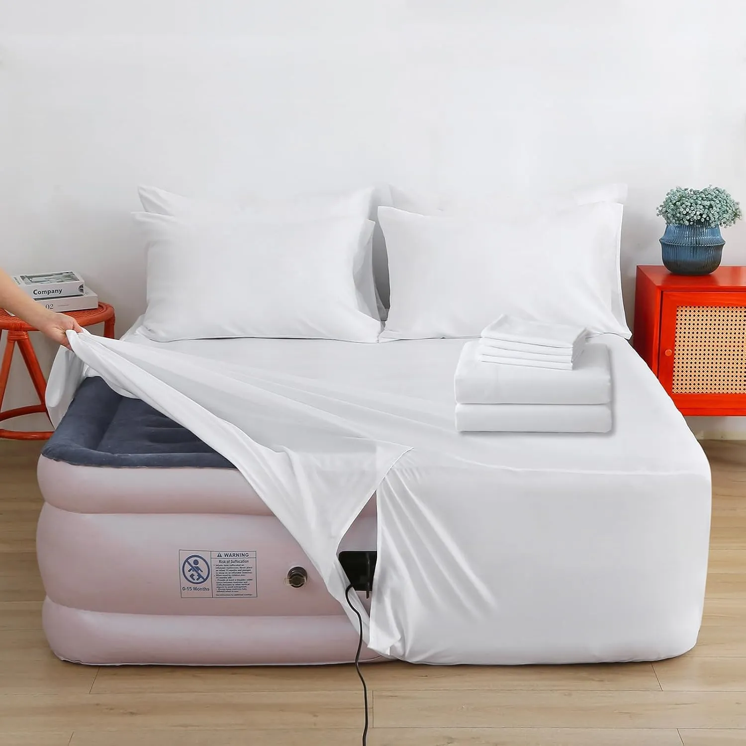 Air Mattress Sheet Set Queen Size,6 Piece Deep Pocket Bed Sheet Set for 16-24 Inch Air Bed,Easy Inflate Access,Perfect for Guest Room, RV, Camping,White