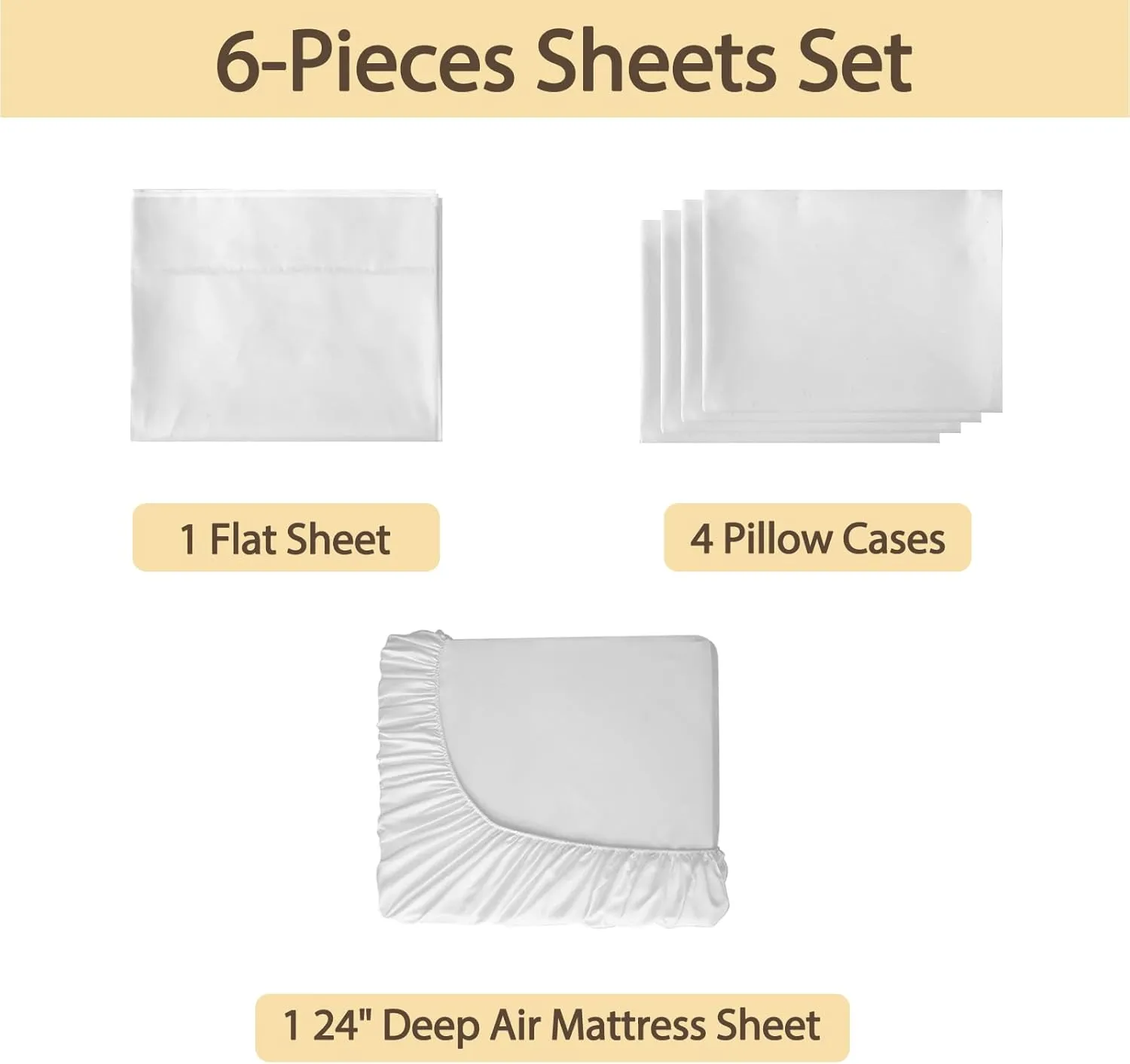 Air Mattress Sheet Set Queen Size,6 Piece Deep Pocket Bed Sheet Set for 16-24 Inch Air Bed,Easy Inflate Access,Perfect for Guest Room, RV, Camping,White