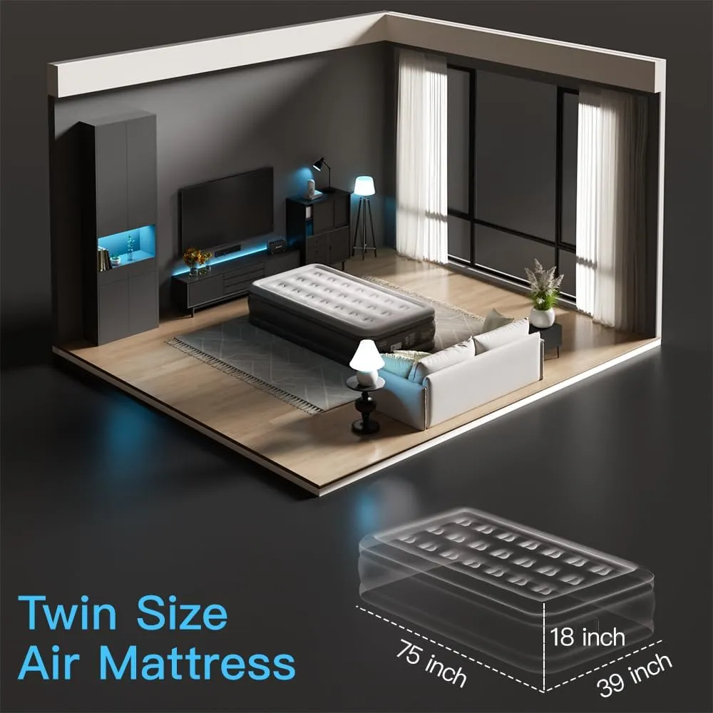 Air Mattress Twin with Built in Pump - Upgraded Single Blow Up Bed, 2 Mins Quick Self Inflatable, 18"/550lbs Max, Strong Support, Flocked Top, Puncture Resistant, for Camping,Home,Guests