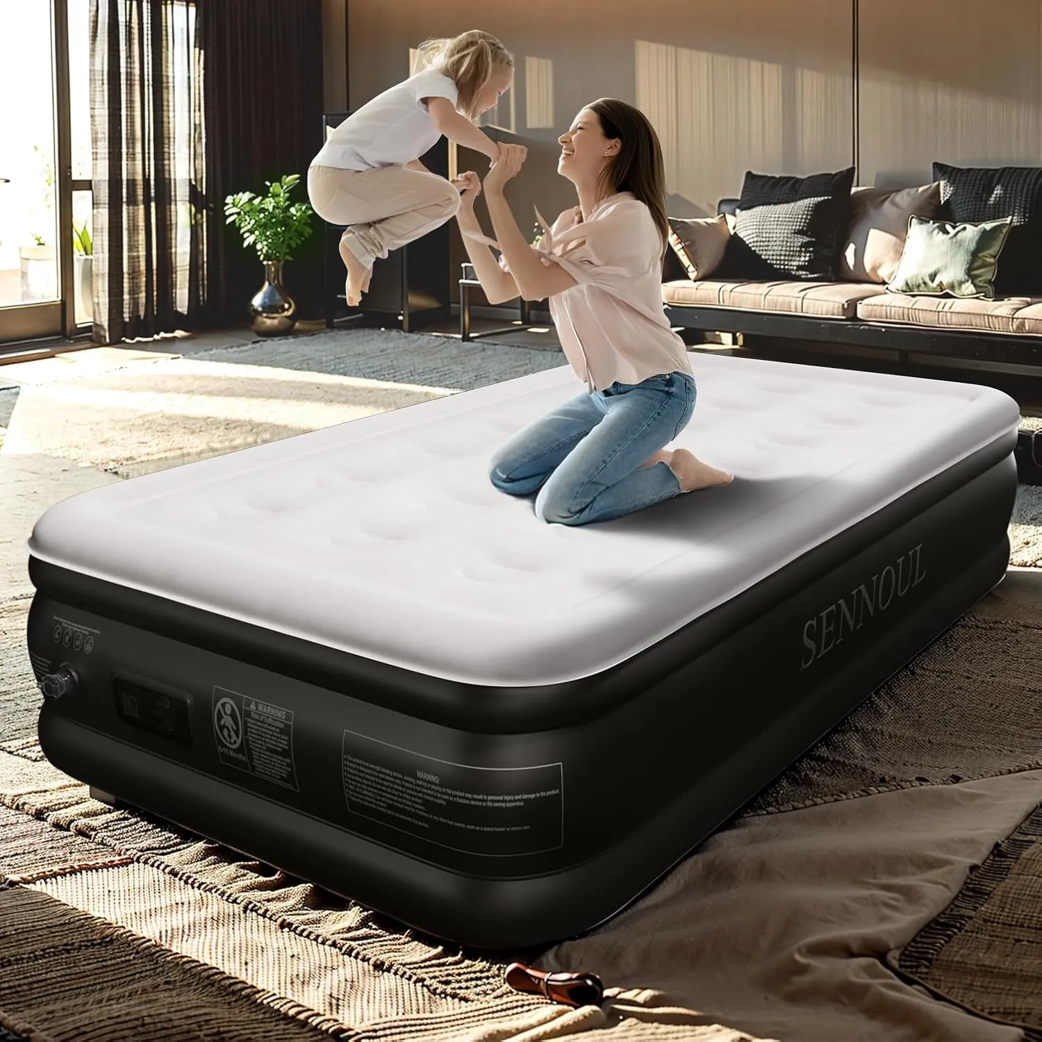 Air Mattress Twin with Built in Pump - Upgraded Single Blow Up Bed, 2 Mins Quick Self Inflatable, 18"/550lbs Max, Strong Support, Flocked Top, Puncture Resistant, for Camping,Home,Guests